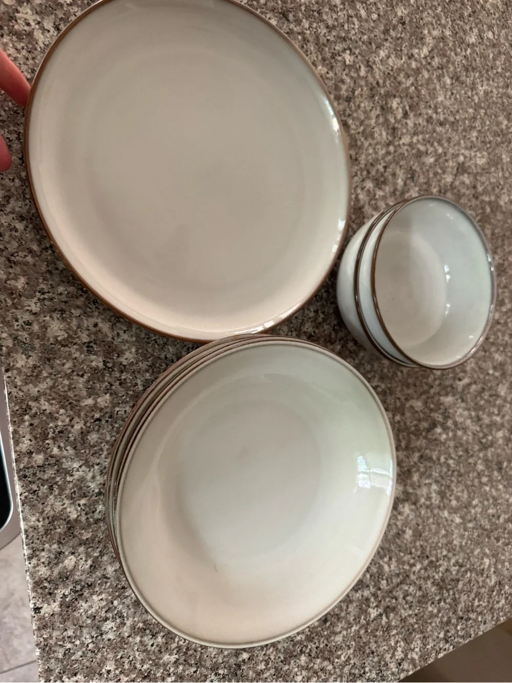 IKEA Gladelig Stoneware Dinnerware Set - Pale Gray with Brown accent Rim